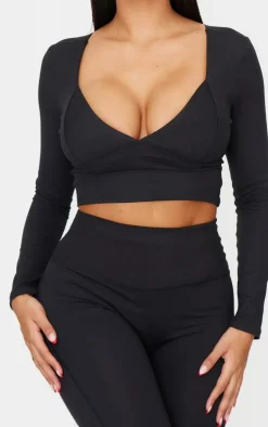 Outlet PrettyLittleThing Shape Sculpt Plunge Front Long Sleeve Top Black