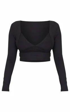 Outlet PrettyLittleThing Shape Sculpt Plunge Front Long Sleeve Top Black