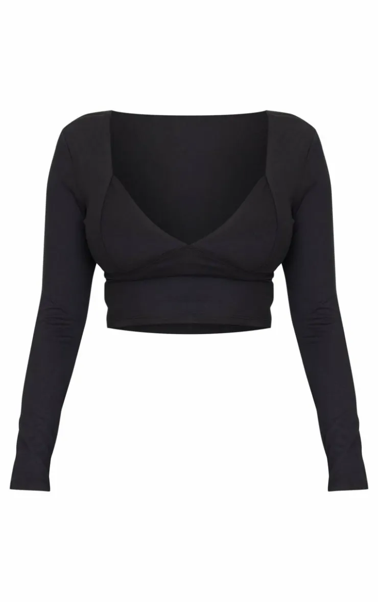Outlet PrettyLittleThing Shape Sculpt Plunge Front Long Sleeve Top Black
