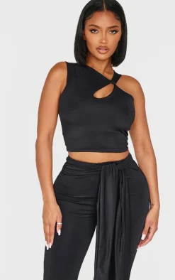 Hot PrettyLittleThing Shape Sculpt Twist Shoulder Crop Top Black