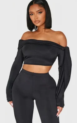 Sale PrettyLittleThing Shape Sculpt Wrap Bardot Long Sleeve Top Black