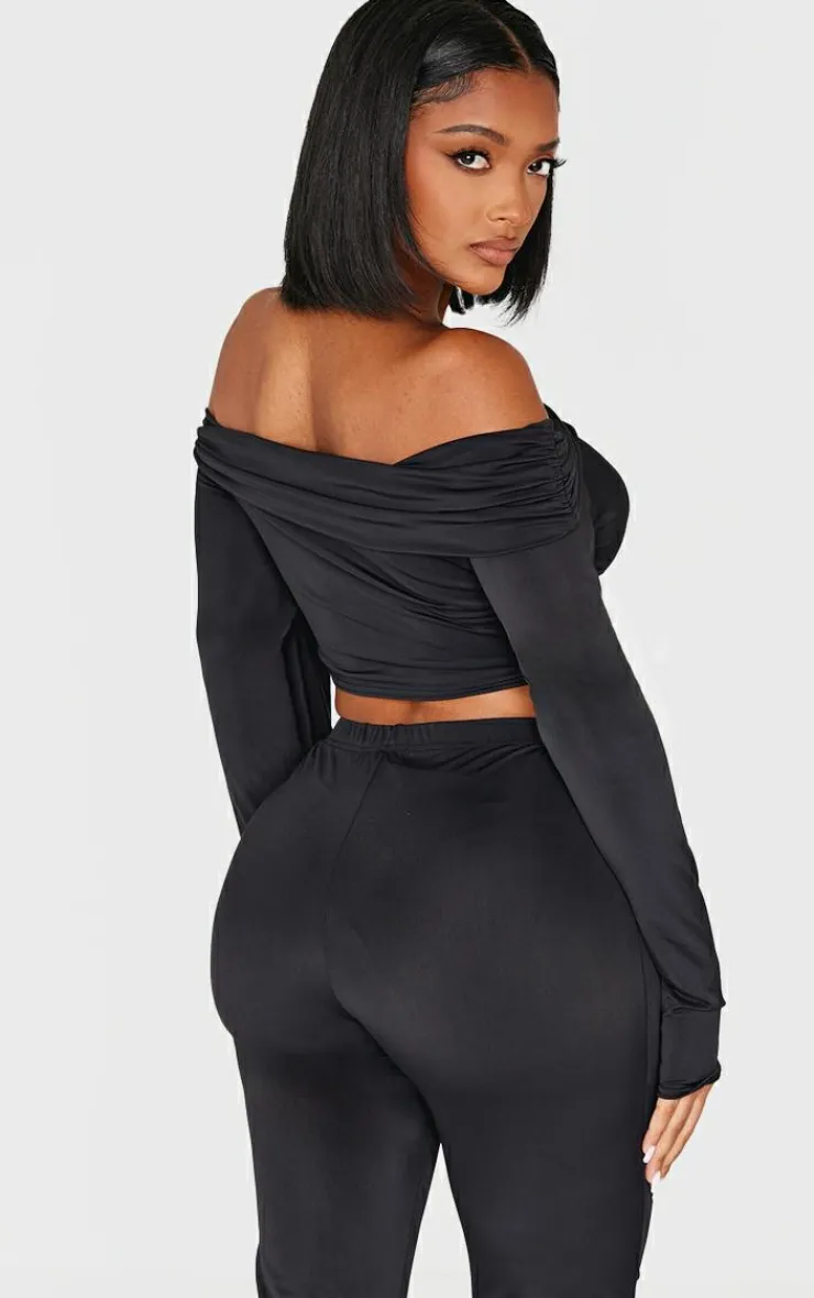 Sale PrettyLittleThing Shape Sculpt Wrap Bardot Long Sleeve Top Black