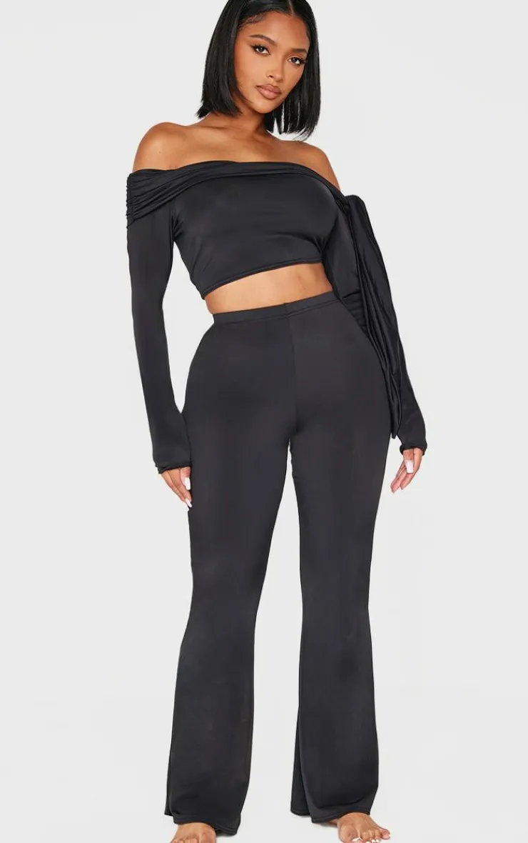 Sale PrettyLittleThing Shape Sculpt Wrap Bardot Long Sleeve Top Black