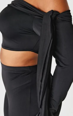 Sale PrettyLittleThing Shape Sculpt Wrap Bardot Long Sleeve Top Black