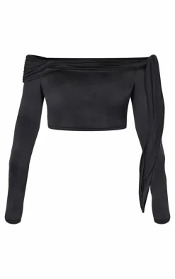 Sale PrettyLittleThing Shape Sculpt Wrap Bardot Long Sleeve Top Black