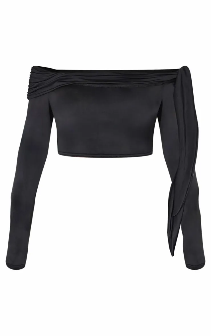 Sale PrettyLittleThing Shape Sculpt Wrap Bardot Long Sleeve Top Black