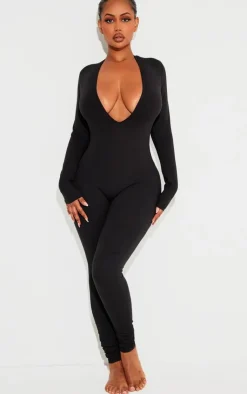 Shape Sculpted Long Sleeve Plunge Front Jumpsuit-PrettyLittleThing Best