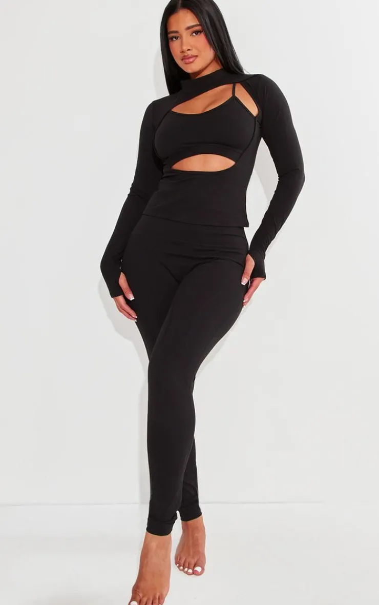 Hot PrettyLittleThing Shape Sculpted Seam Detail High Waist Leggings Black