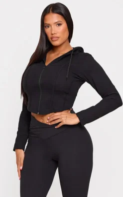 PrettyLittleThing Black Sweatsuits*Shape Seam Detail Sculpted Zip Through Jacket
