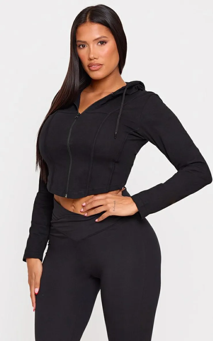 PrettyLittleThing Black Sweatsuits*Shape Seam Detail Sculpted Zip Through Jacket