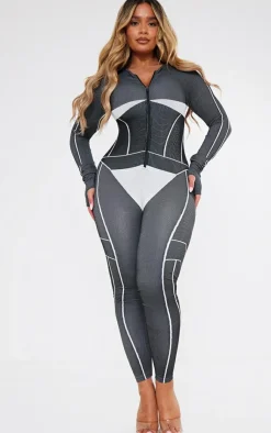 PrettyLittleThing Seamless Gym Wear*Shape Seamless Contrast Long Sleeve Zip Through Jumpsuit
