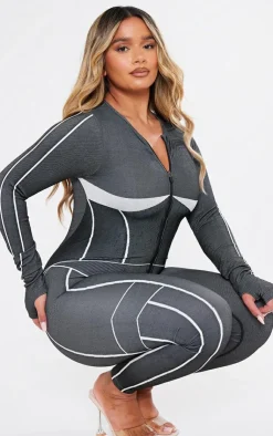 PrettyLittleThing Seamless Gym Wear*Shape Seamless Contrast Long Sleeve Zip Through Jumpsuit