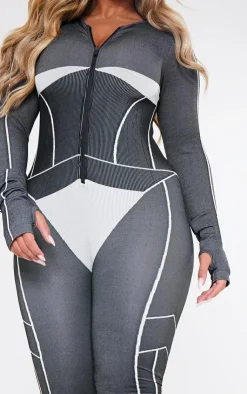 PrettyLittleThing Seamless Gym Wear*Shape Seamless Contrast Long Sleeve Zip Through Jumpsuit