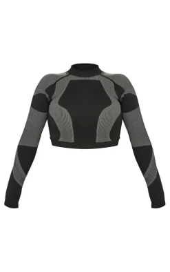 Online PrettyLittleThing Shape Seamless Contrast Detail Long Sleeve Crop Top Black
