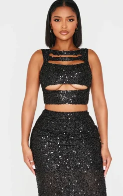 Clearance PrettyLittleThing Shape Sequin Cut Out Top Black