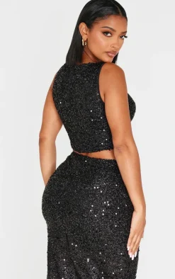 Clearance PrettyLittleThing Shape Sequin Cut Out Top Black