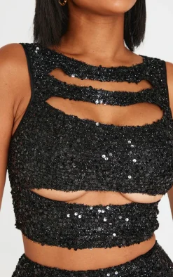 Clearance PrettyLittleThing Shape Sequin Cut Out Top Black