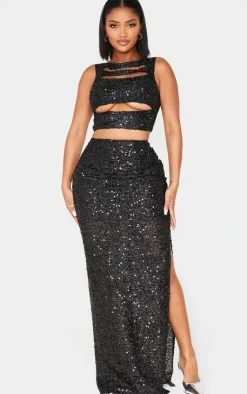 Discount PrettyLittleThing Shape Sequin Maxi Skirt Black
