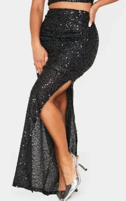 Discount PrettyLittleThing Shape Sequin Maxi Skirt Black