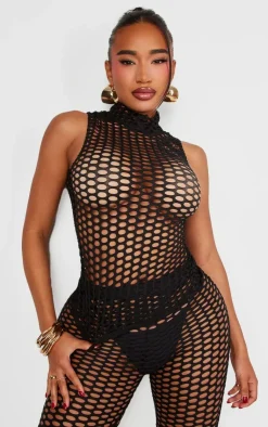 Discount PrettyLittleThing Shape Sheer Fish Net High Neck Top Black