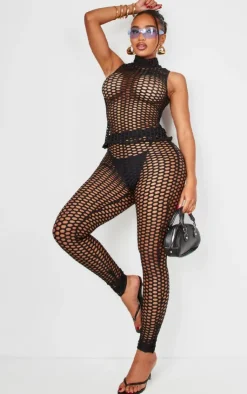 Discount PrettyLittleThing Shape Sheer Fish Net High Neck Top Black