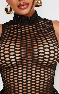 Discount PrettyLittleThing Shape Sheer Fish Net High Neck Top Black