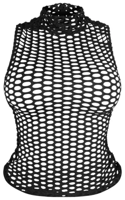 Discount PrettyLittleThing Shape Sheer Fish Net High Neck Top Black