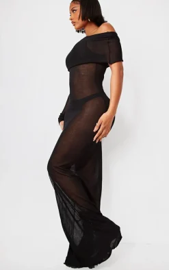 Shape Black Sheer Knit Foldover One Sleeve Maxi Dress