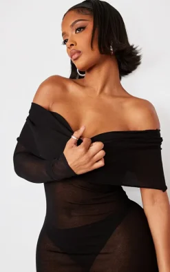 Shape Black Sheer Knit Foldover One Sleeve Maxi Dress