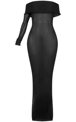 Shape Black Sheer Knit Foldover One Sleeve Maxi Dress