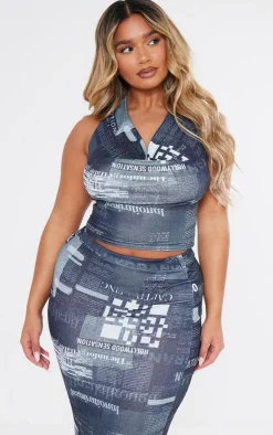 Online PrettyLittleThing Shape Sheer Mesh Newspaper Printed Cowl Neck Top Black