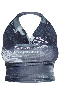 Online PrettyLittleThing Shape Sheer Mesh Newspaper Printed Cowl Neck Top Black