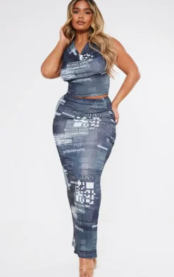 Discount PrettyLittleThing Shape Sheer Mesh Newspaper Printed Maxi Skirt Black