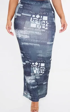 Discount PrettyLittleThing Shape Sheer Mesh Newspaper Printed Maxi Skirt Black