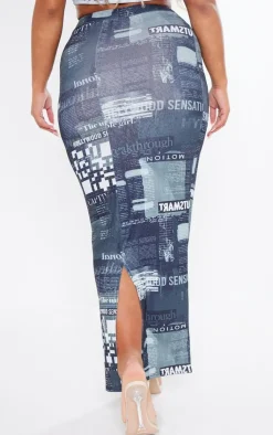 Discount PrettyLittleThing Shape Sheer Mesh Newspaper Printed Maxi Skirt Black