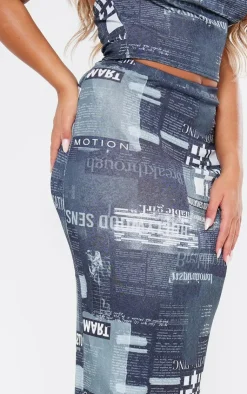 Discount PrettyLittleThing Shape Sheer Mesh Newspaper Printed Maxi Skirt Black