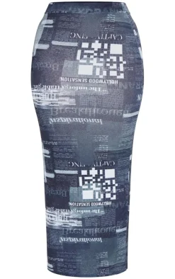 Discount PrettyLittleThing Shape Sheer Mesh Newspaper Printed Maxi Skirt Black
