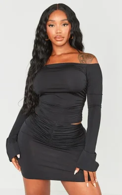 Best PrettyLittleThing Shape Slinky Acetate Ruched Front Mini Skirt Black
