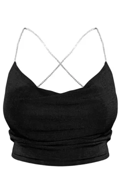 Outlet PrettyLittleThing Shape Slinky Acetate Cowl Neck Diamante Back Top Black