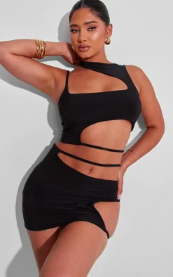 Online PrettyLittleThing Shape Slinky Asymmetric Hem Top Black
