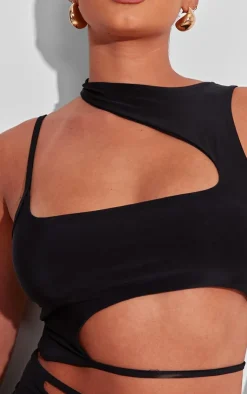Online PrettyLittleThing Shape Slinky Asymmetric Hem Top Black