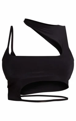 Online PrettyLittleThing Shape Slinky Asymmetric Hem Top Black