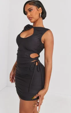 Clearance PrettyLittleThing Shape Slinky Cut Out Ruched Detail Mini Skirt Black