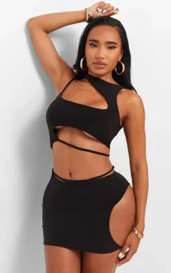 Best PrettyLittleThing Shape Slinky Cut Out Mini Skirt Black