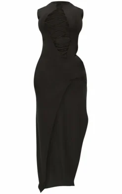 Shape Slinky Cut Out Detail Lace Up Split Maxi Dress-PrettyLittleThing New