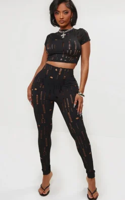 Sale PrettyLittleThing Shape Slinky Distressed High Waist Leggings Black