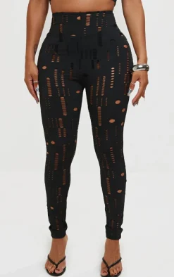 Sale PrettyLittleThing Shape Slinky Distressed High Waist Leggings Black