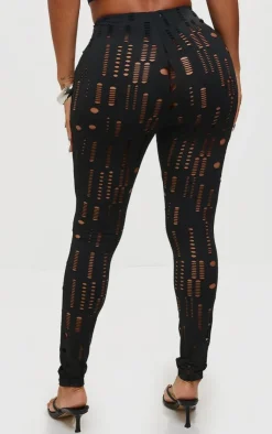 Sale PrettyLittleThing Shape Slinky Distressed High Waist Leggings Black