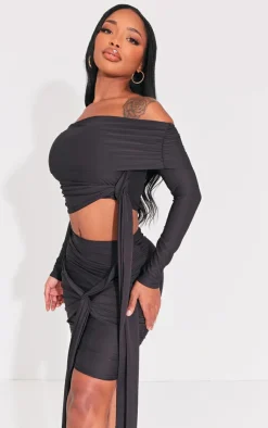 Clearance PrettyLittleThing Shape Slinky Knoted Detail Ruched Mini Skirt Black