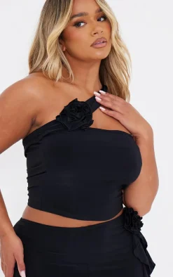 Best PrettyLittleThing Shape Slinky Rose Bandeau Top Black